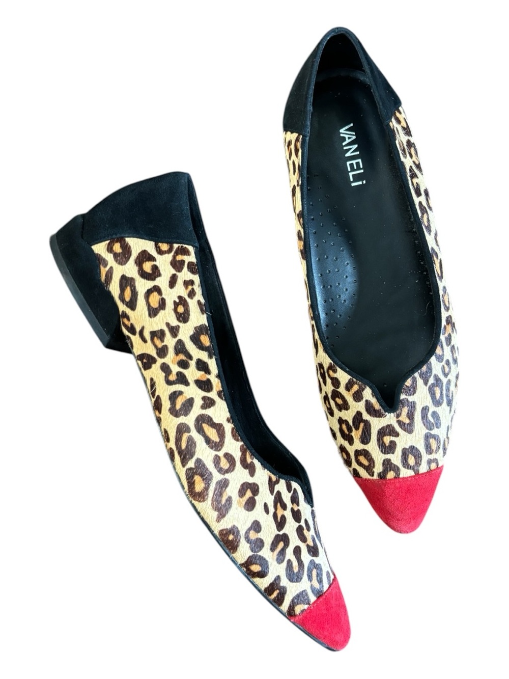 Vaneli Sahar Genuine Calf Hair Leopard Print Pointed Flats with Red Cap Toe 10 N